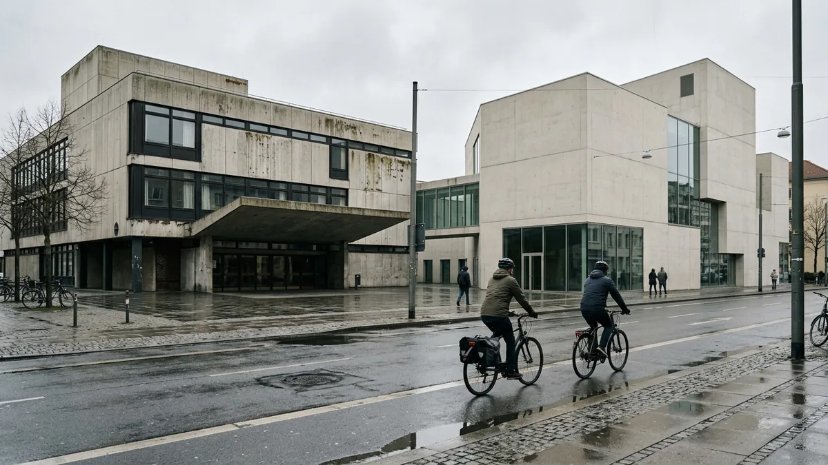 Neubau neben einem denkmalgeschützten Theaterbau der Nachkriegsmoderne, Straßenansicht