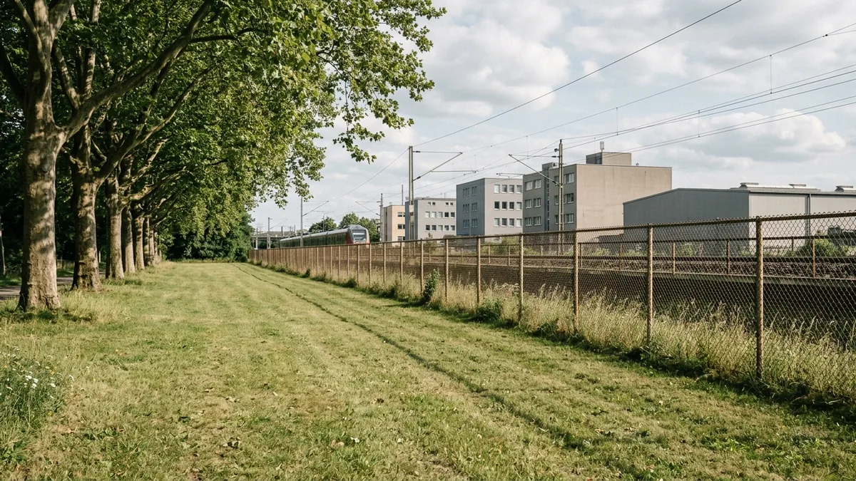 Weite gemähte Wiese, die abrupt an einem Zaun und einem Bahndamm endet