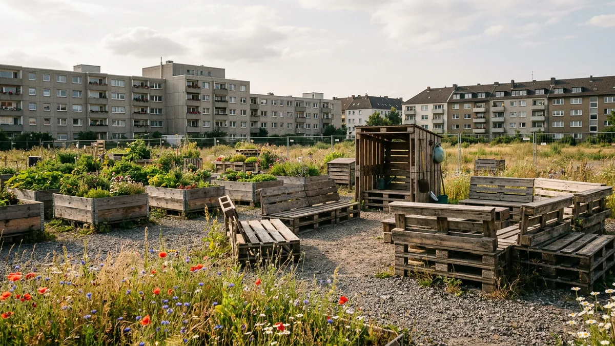 Selbstgebaute Holzbeete und Sitzelemente in einem temporären Park, dahinter Wohnhäuser