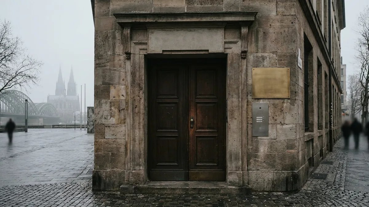 Dunkles Holzportal eines Sandsteinhauses mit Messingschild und Klingeltableau, im Nebel dahinter Dom und Brücke