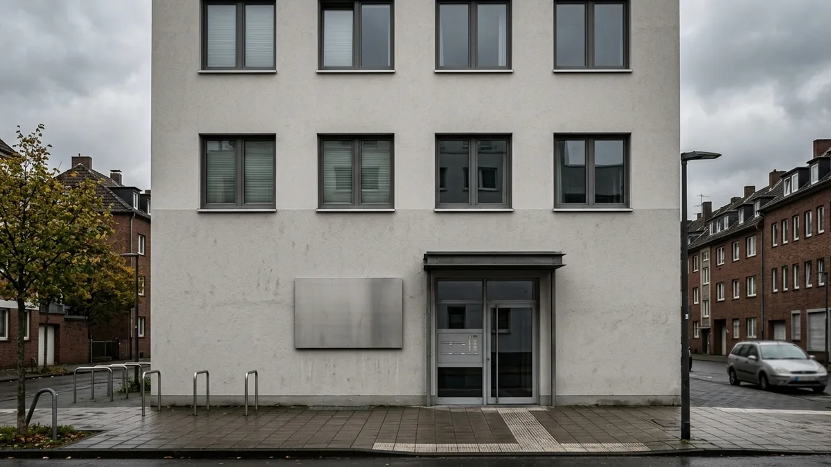 Fassade eines modernen Wohlfahrtsgebäudes in Köln mit leerem Schild neben dem Eingang