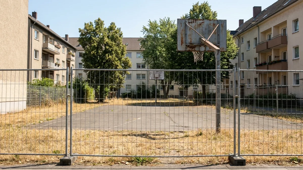 Mit Bauzaun abgesperrte Grünanlage mit Basketballkorb und Bäumen in Köln-Poll