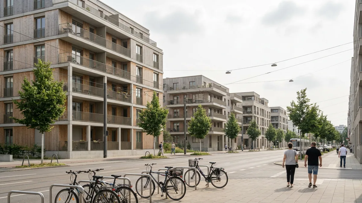 Neu gebaute mehrgeschossige Wohnhäuser an einer Straße im Kölner Osten