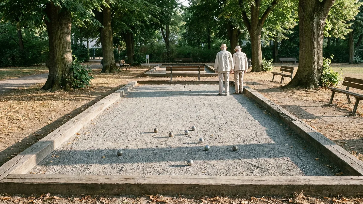 Bouleplatz mit feiner Kiesfläche und Metallkugeln in einem Park