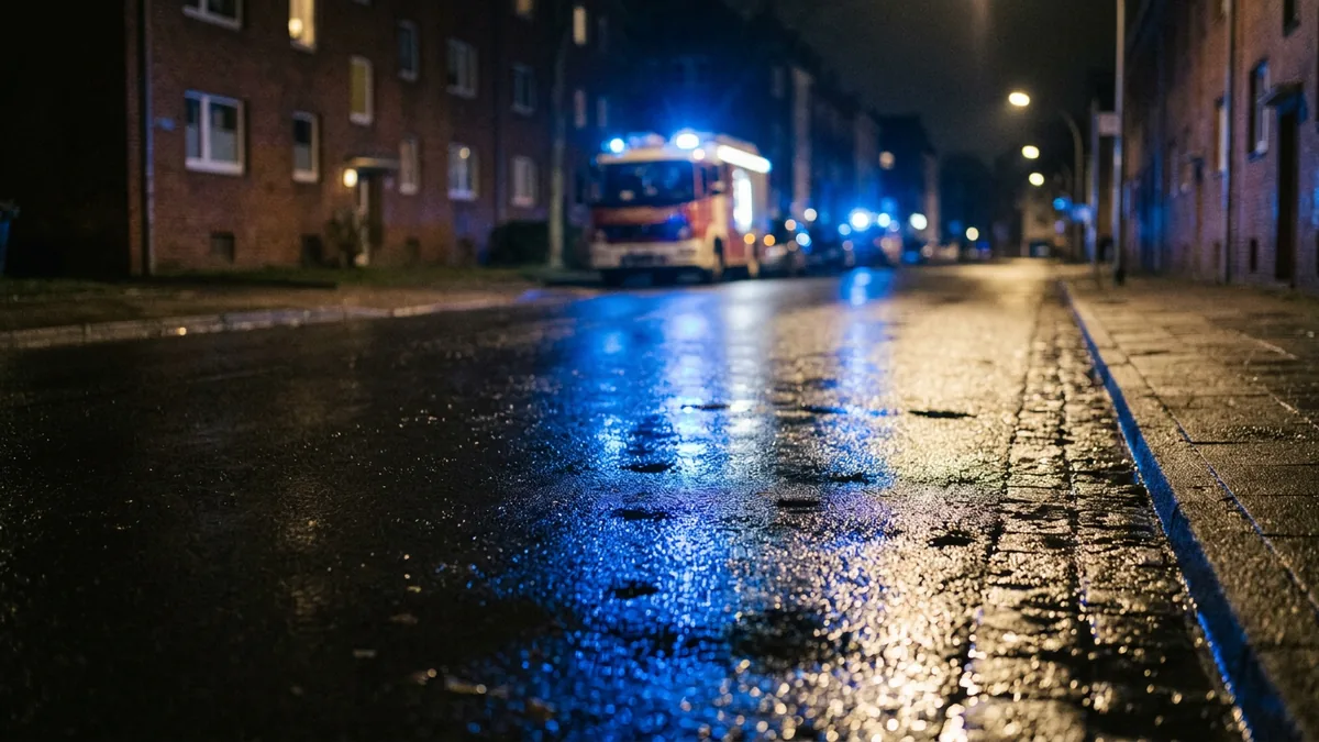 Blaulicht eines Einsatzfahrzeugs spiegelt sich nachts auf nassem Asphalt