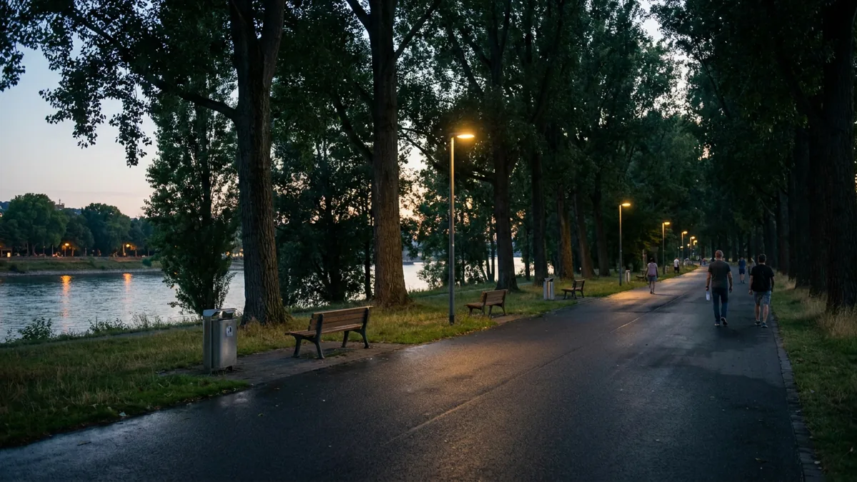 Asphaltweg unter hohen Bäumen an einem Flussufer in der Dämmerung, Laternen leuchten, einzelne Spaziergänger