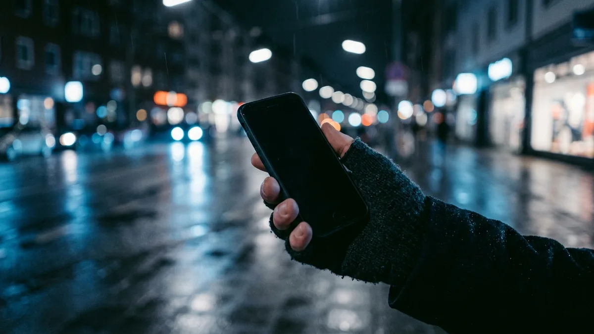 Hand hält ein Smartphone im Dunkeln, Bildschirm nicht erkennbar