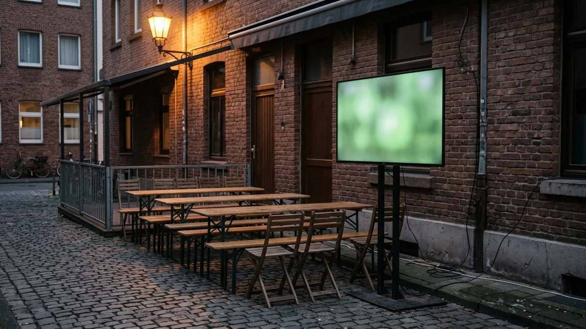 Bildschirm am Rand einer Kneipenterrasse in der Dämmerung, davor leere Bierbänke