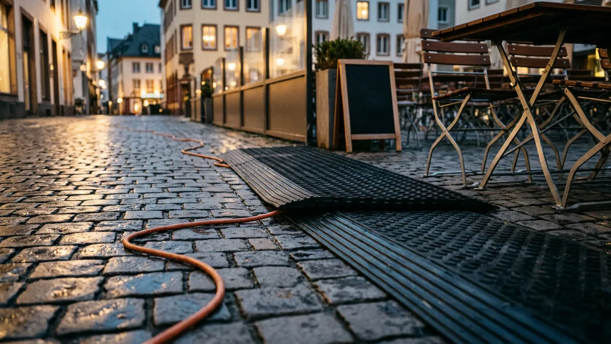 Schwarze Kabelmatte über einem Gehweg vor einer Restaurantterrasse am Abend