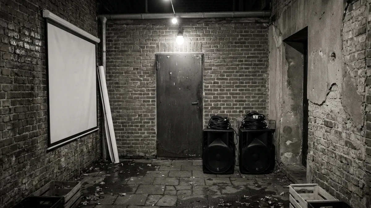 Hinterhof mit Backsteinwänden bei Nacht, an der Wand eine Leinwand, daneben zwei Lautsprecher mit aufgerollten Kabeln