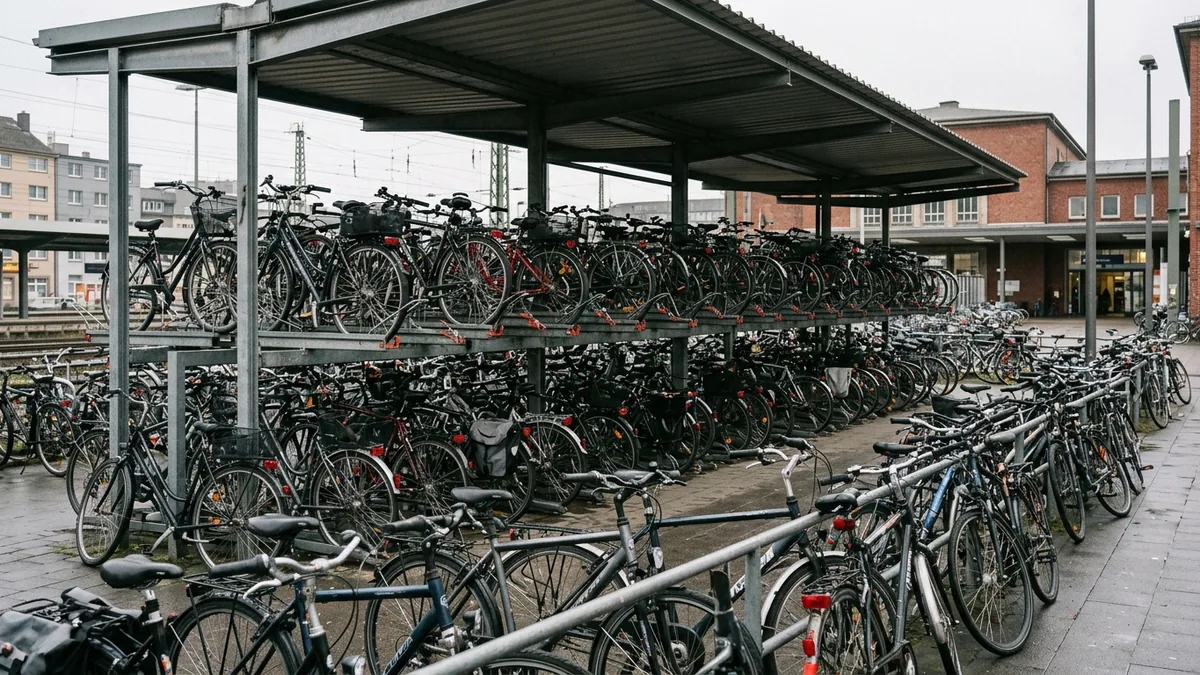 Vollständig belegte zweistöckige Fahrradabstellanlage unter einem einfachen Stahldach