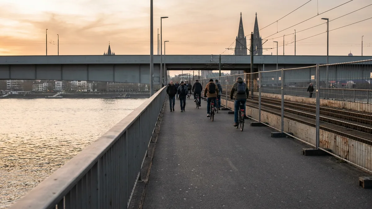 Radfahrende und Fußgänger auf dem Seitenweg einer Rheinbrücke, rechts abgesperrte Gleise, im Hintergrund der Kölner Dom