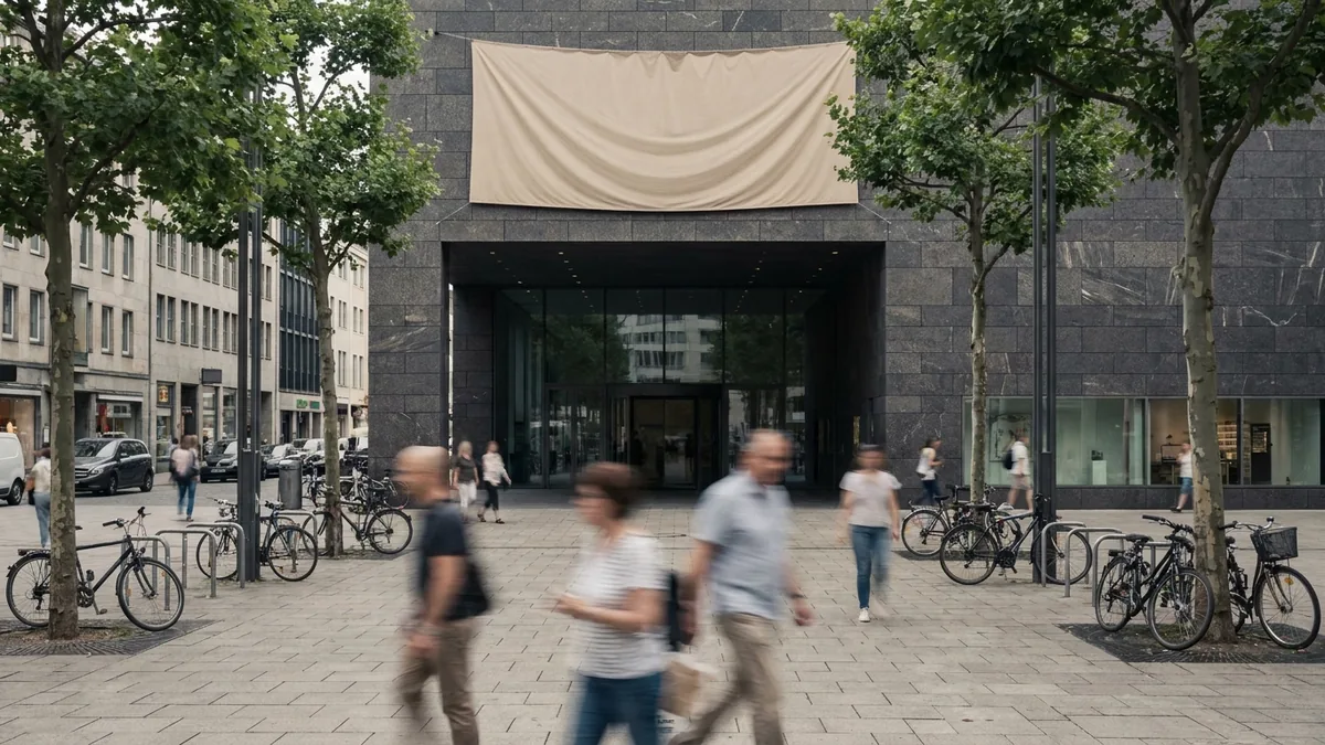 Moderner Bau mit dunkler Steinfassade und großem Eingangsportal, darüber ein leeres Banner, davor Passanten und Fahrräder