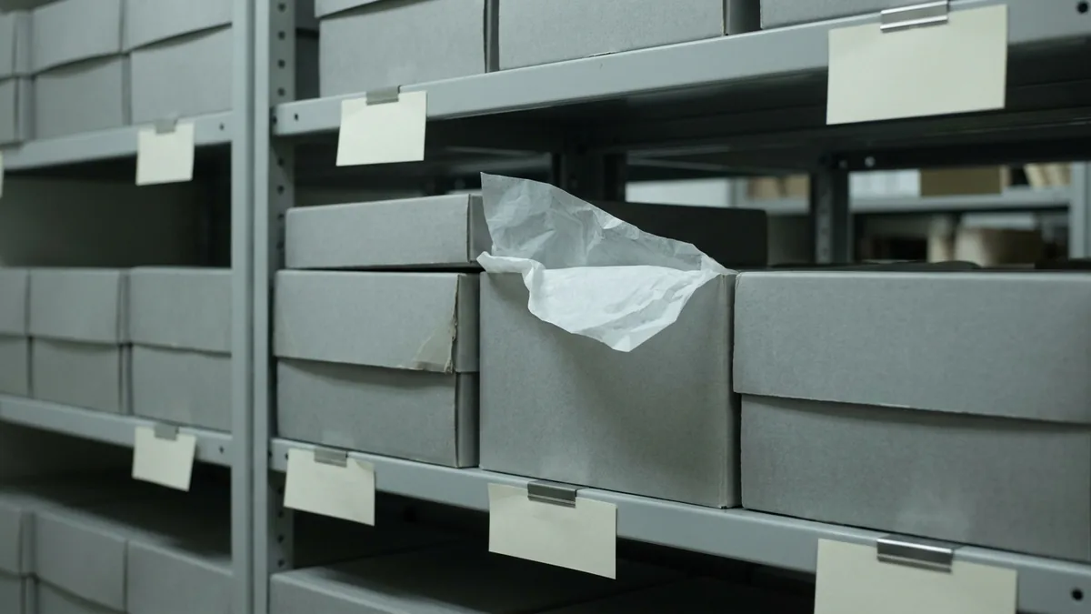 Graue Archivkartons in Metallregalen eines Depots, an den Regalböden befestigte Zettel, aus einem Karton ragt Seidenpapier