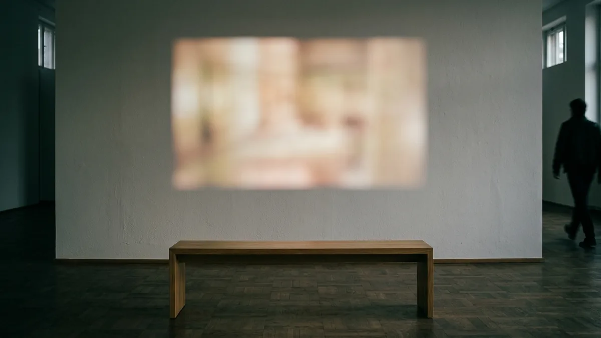 Abgedunkelter Ausstellungsraum mit unscharfer Lichtprojektion und leerer Sitzbank