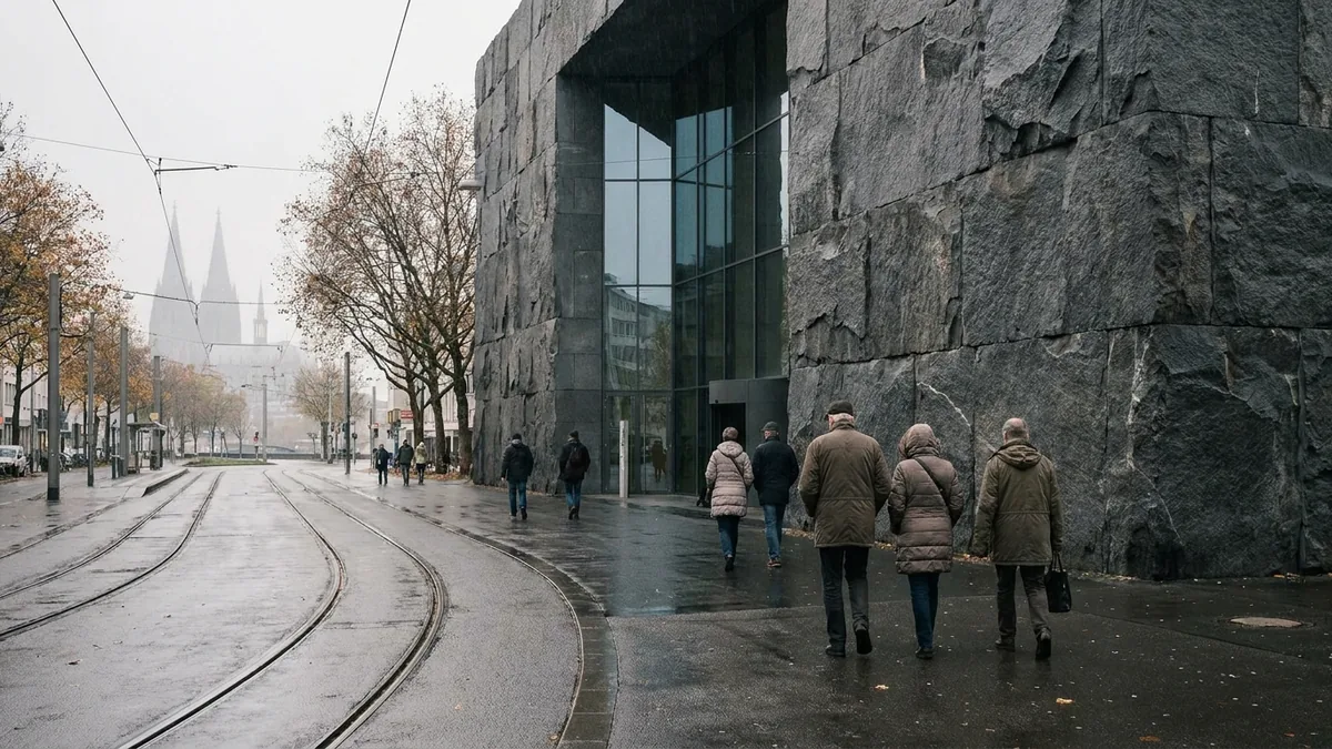 Passanten vor einem Gebäude mit grober dunkler Steinfassade und hohem Glasportal, vorn Gleise, hinten der Kölner Dom im Dunst