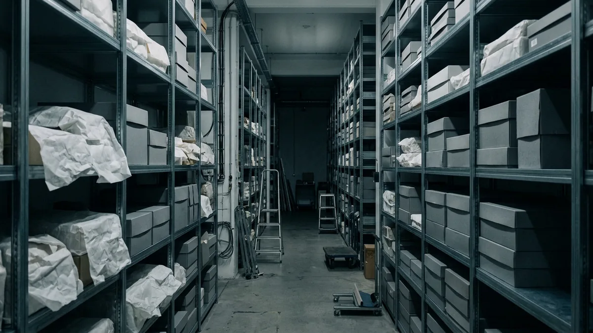 Regale eines Museumsdepots mit verpackten Objekten in gedämpftem Licht