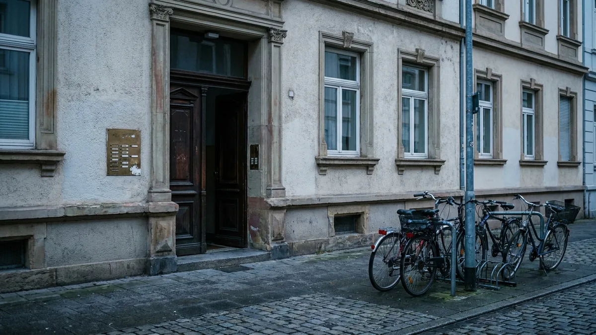 Hauseingang eines Kölner Altbaus am frühen Morgen, Tür angelehnt, Klingelleiste unkenntlich