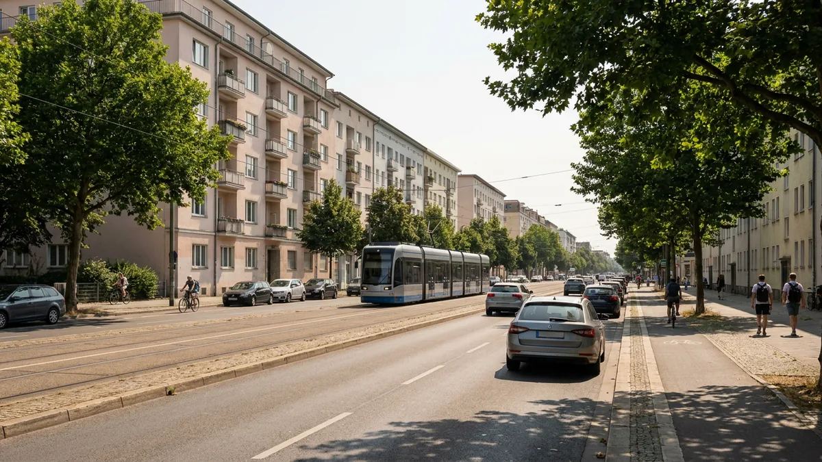 Breite innerstädtische Ringstraße mit Straßenbahngleisen und belaubten Platanen im Sommer