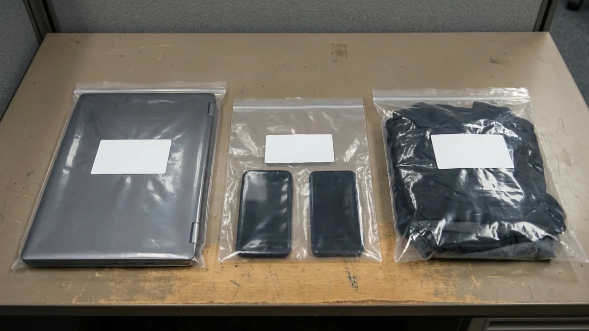 Laptop und Mobiltelefone in durchsichtigen Asservatenbeuteln auf einem Tisch