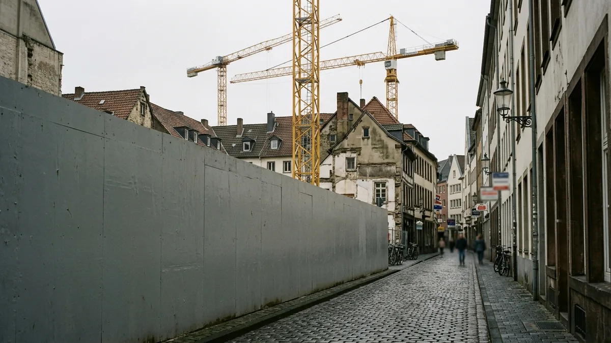 Bauzaun an einer Altstadtstraße in Köln, dahinter Baukräne über den Dächern
