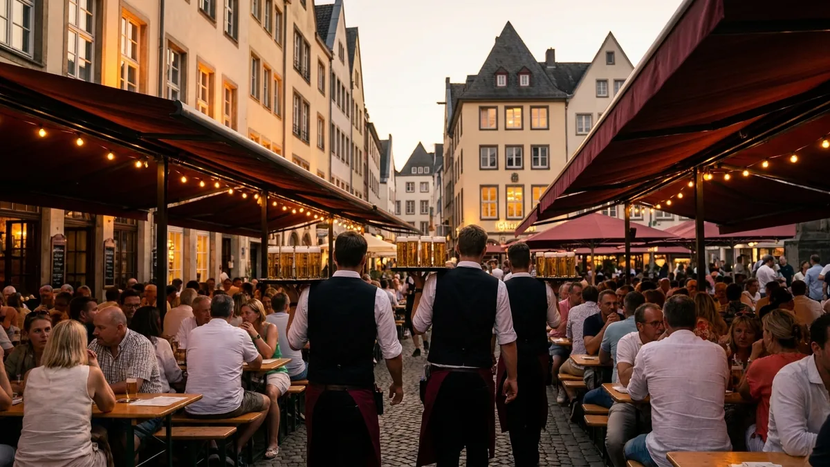 Dicht besetzte Außengastronomie auf einem Altstadtplatz am Abend, Kellner tragen Tabletts mit gefüllten Biergläsern
