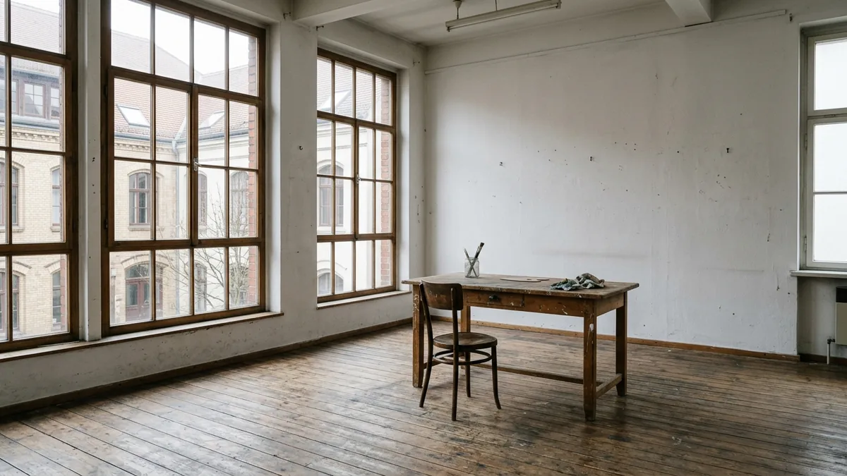 Leerer Atelierraum mit hohen Fenstern, Holzdielen und einem Arbeitstisch