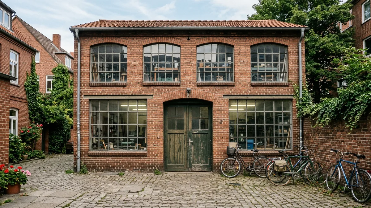 Kölner Hinterhofgebäude mit Werkstattfenstern und Kopfsteinpflaster im Sommer