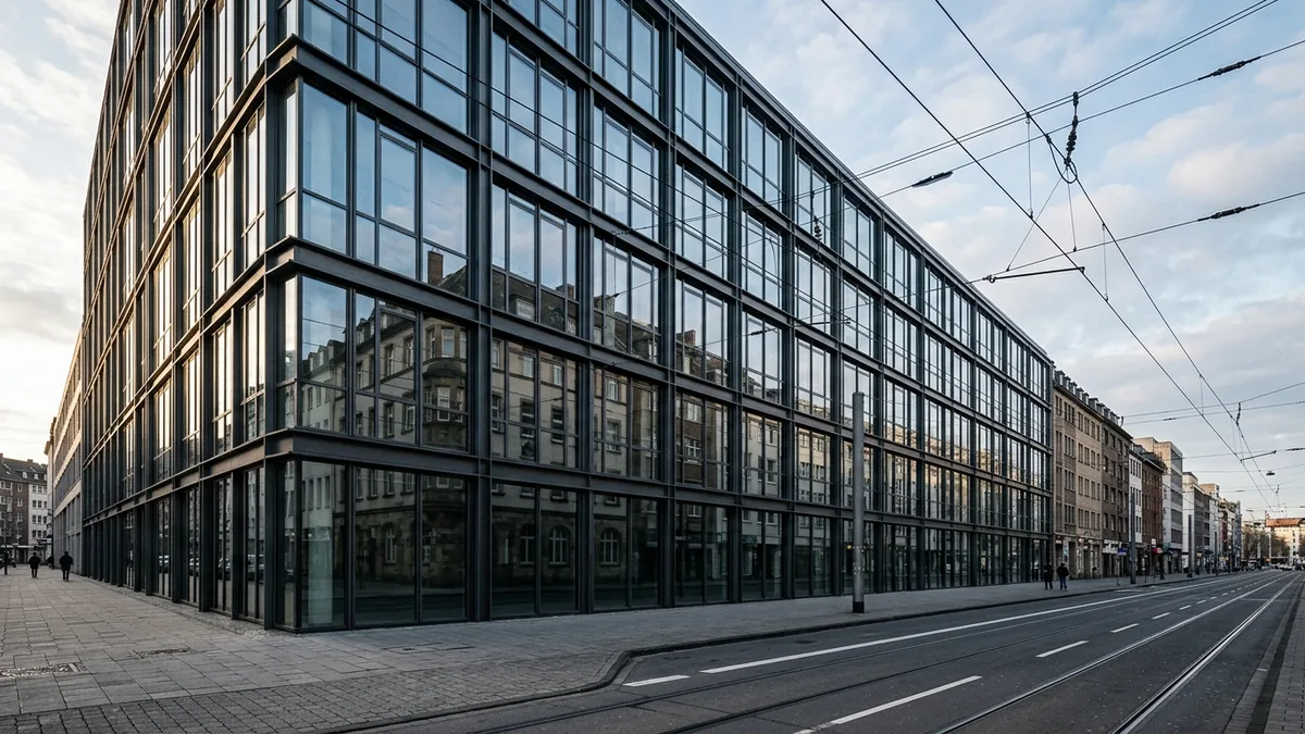 Glas- und Stahlfassade eines großen Bürogebäudes an einer Kölner Innenstadtstraße am Morgen