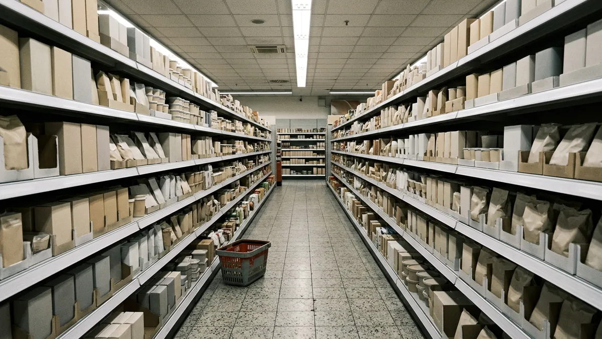 Blick durch eine voll bestueckte Supermarktgasse mit leeren Preisschienen unter Deckenlicht