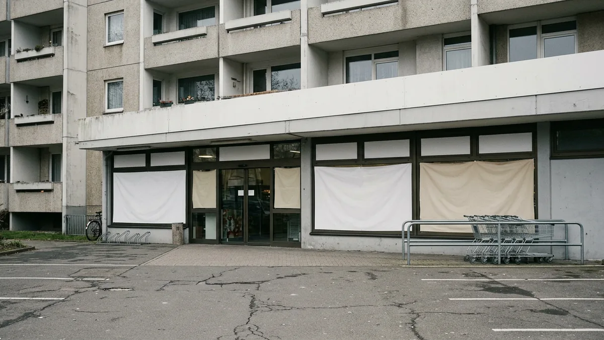 Eingang eines kleinen Discountmarkts in einem Kölner Wohnblock aus den 1970er Jahren