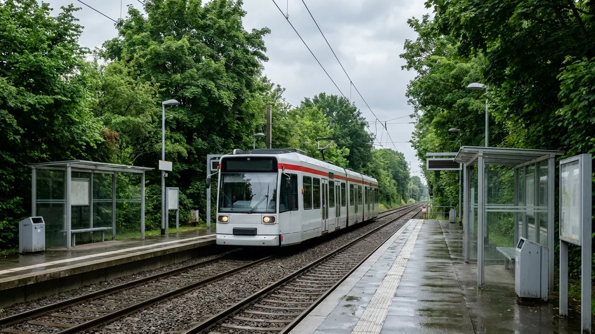Weiße Stadtbahn mit rotem Streifen an einer von Bäumen umgebenen Haltestelle, die Bahnsteige mit Glasunterständen sind nass