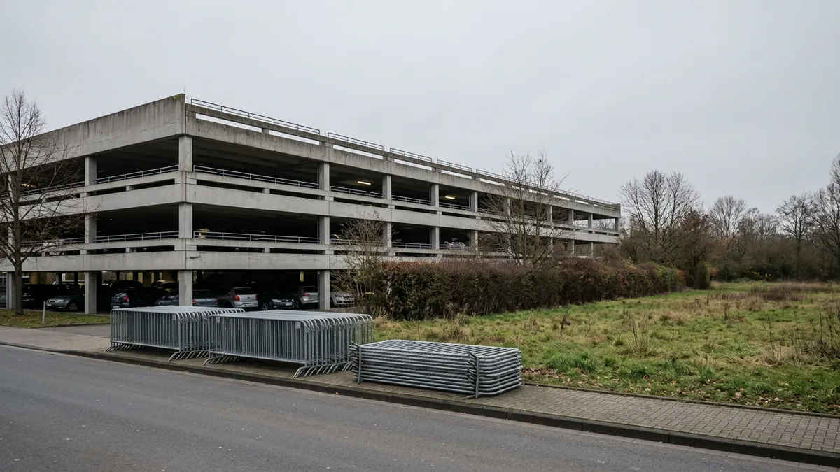 Park-and-Ride-Parkhaus am Stadtrand, dahinter Wiesen und Hecken