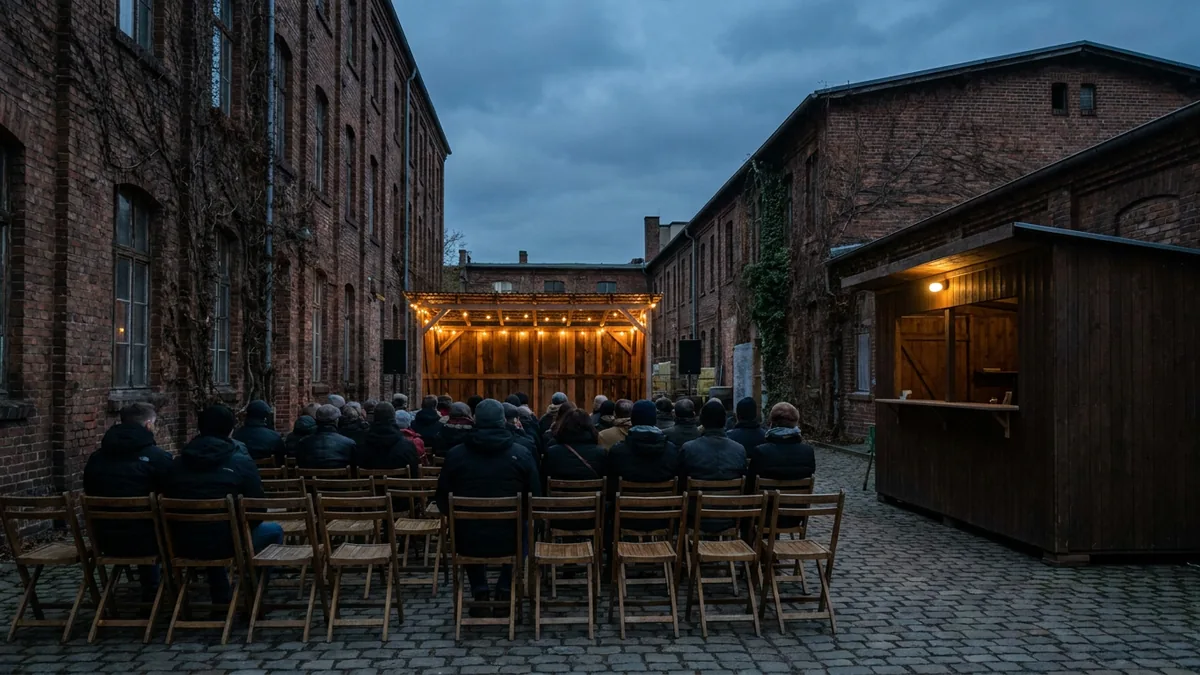 Publikum auf Holzklappstühlen in einem Hof zwischen Backsteinbauten, vorn eine beleuchtete Holzbühne mit Lichterketten