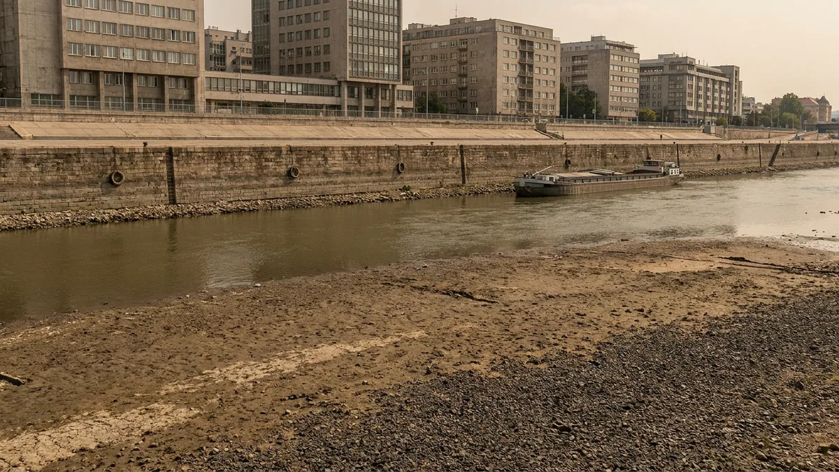 Schmales Restgerinne des Rheins bei Köln mit breiten trockenen Kiesflächen am Ufer