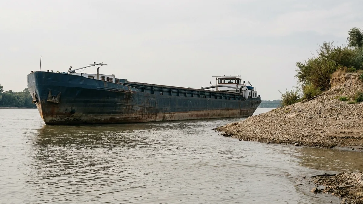 Leicht beladener Frachtkahn liegt hoch im flachen Wasser eines Flusses