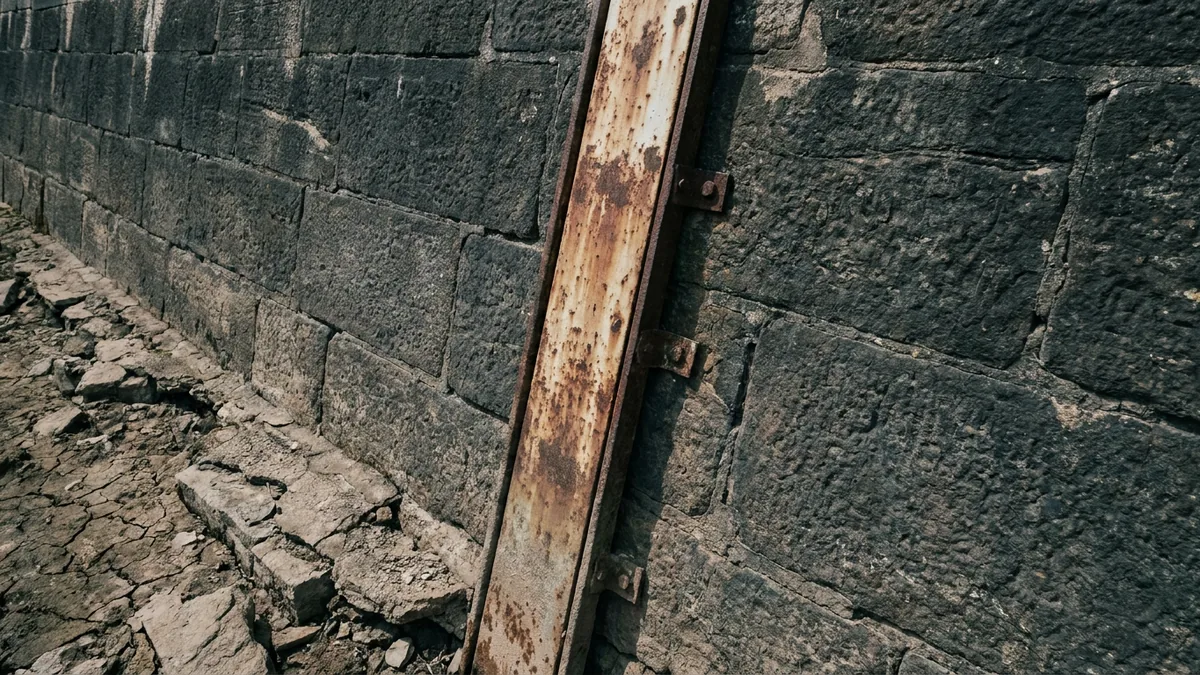 Historischer Pegelturm am Rheinufer über trocken gefallener Uferböschung