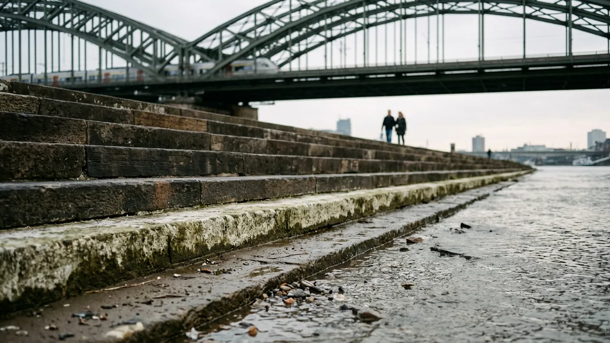 Verwitterte Ufertreppe am Rhein mit breitem hellem Band über der Wasserlinie