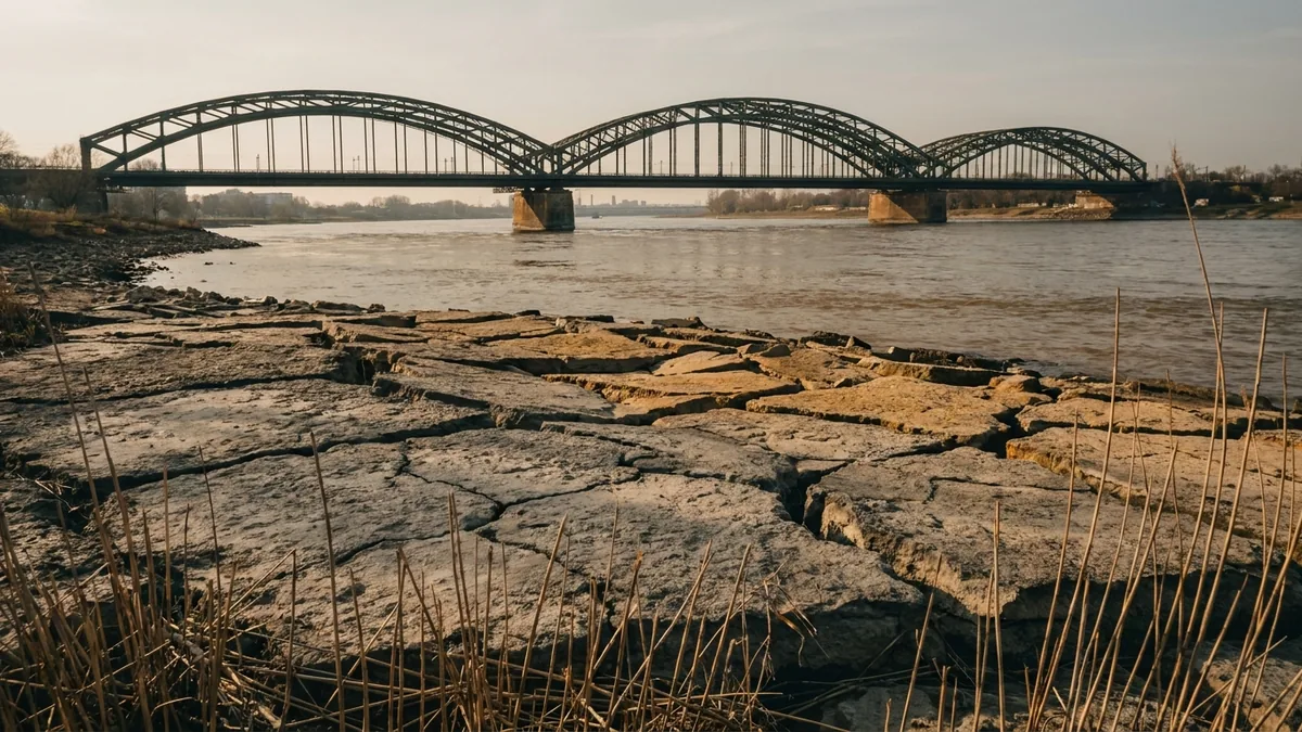 In Schollen aufgerissener, getrockneter Schlick an einem Flussufer, im Hintergrund eine stählerne Bogenbrücke