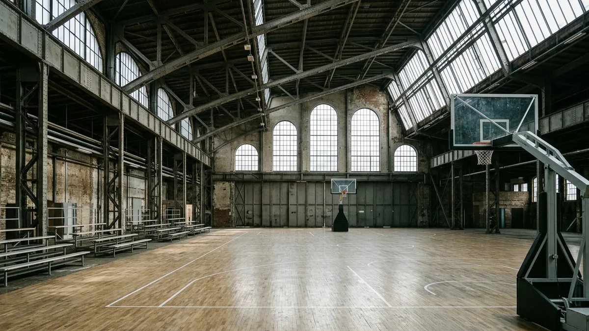 Basketballfeld mit Parkett und Korbanlagen unter der Stahlkonstruktion einer Hangarhalle