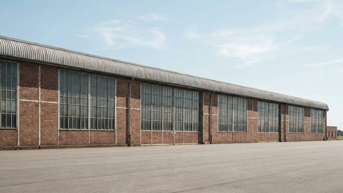 Langgestreckte Backsteinhalle mit gewölbtem Dach und großen Sprossenfenstern, davor eine weite leere Asphaltfläche