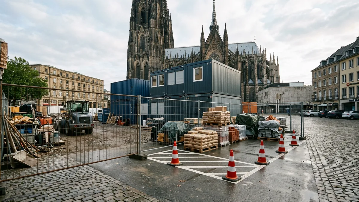Baucontainer, Absperrgitter und eine markierte Ladezone auf einem innerstädtischen Platz