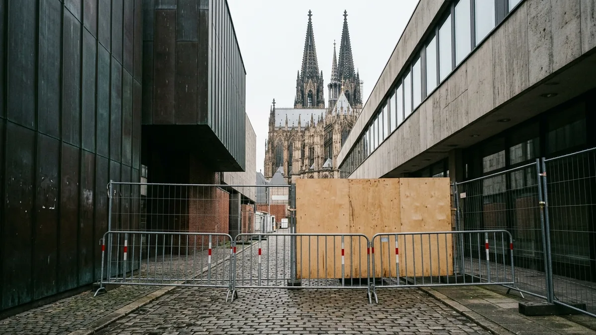 Mit Metallgittern gesperrter Durchgang zwischen zwei modernen Gebäuden, Kopfsteinpflaster