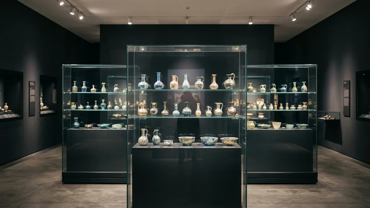 Vitrinen mit irisierenden antiken Glasgefäßen in einem dunklen Ausstellungsraum
