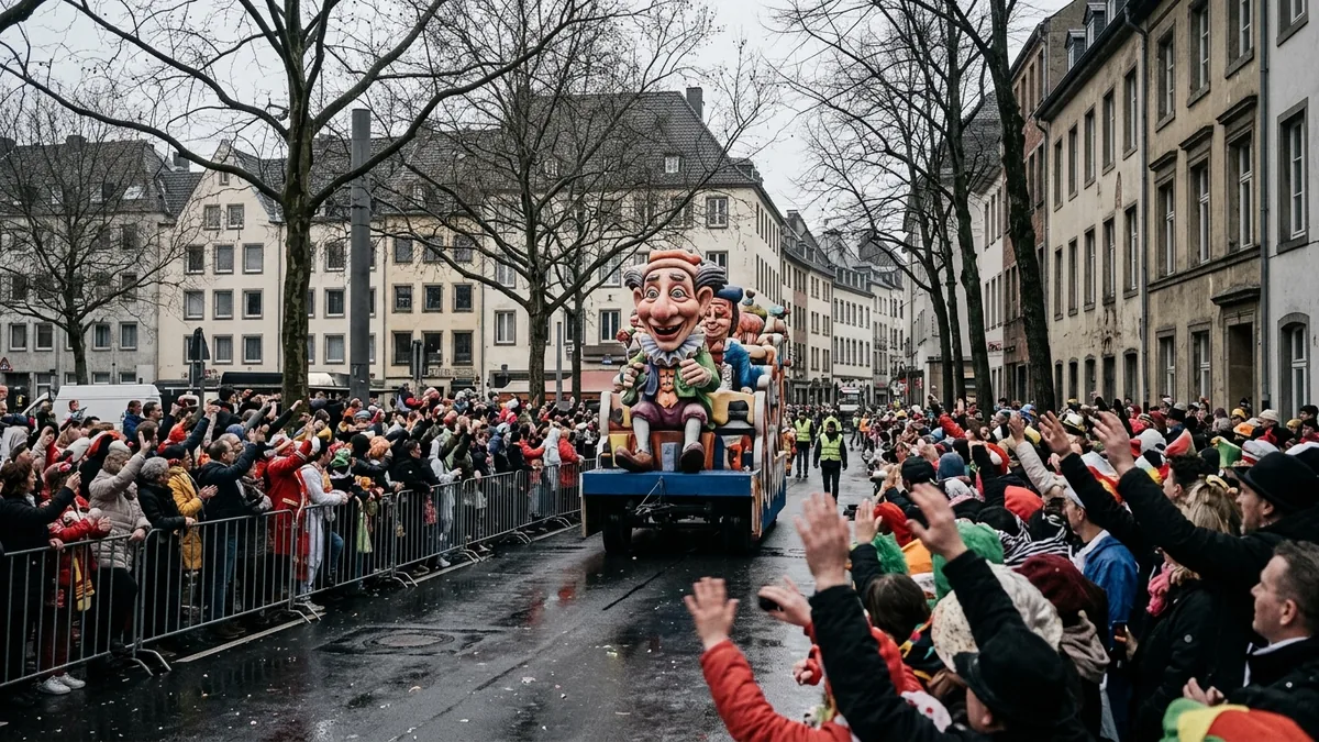 Karnevalswagen mit großer Pappmaché-Figur biegt in eine enge Straße, davor kostümiertes Publikum