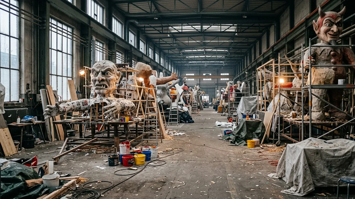 Halbfertige Pappmaché-Figuren, Farbeimer und Gerüste in einer Wagenbauhalle