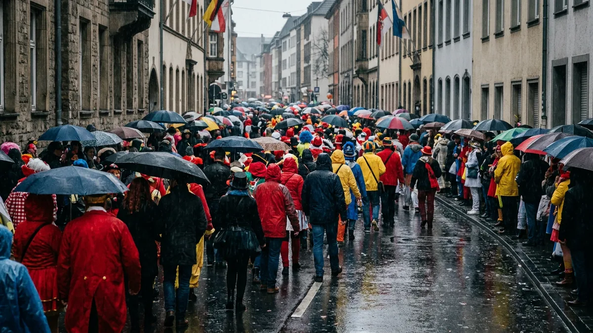 Regenschirme und Kostüme im Wolkenbruch, nasse Straße mit Spiegelungen