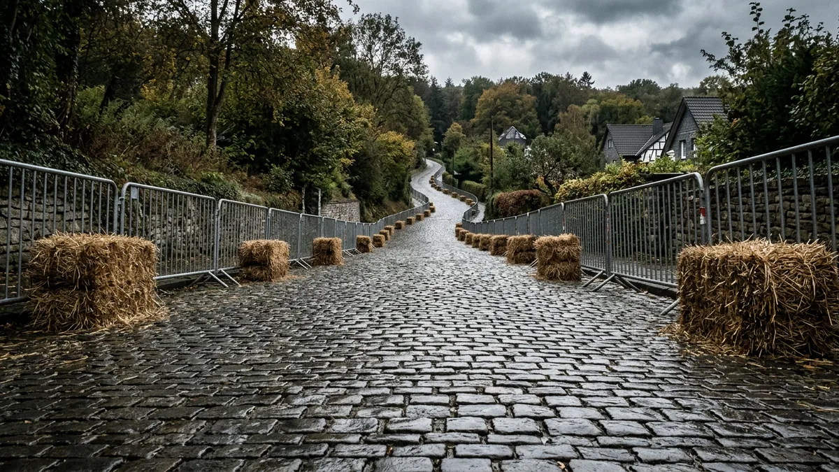 Kopfsteinpflasteranstieg mit Absperrgittern und Strohballen am Straßenrand