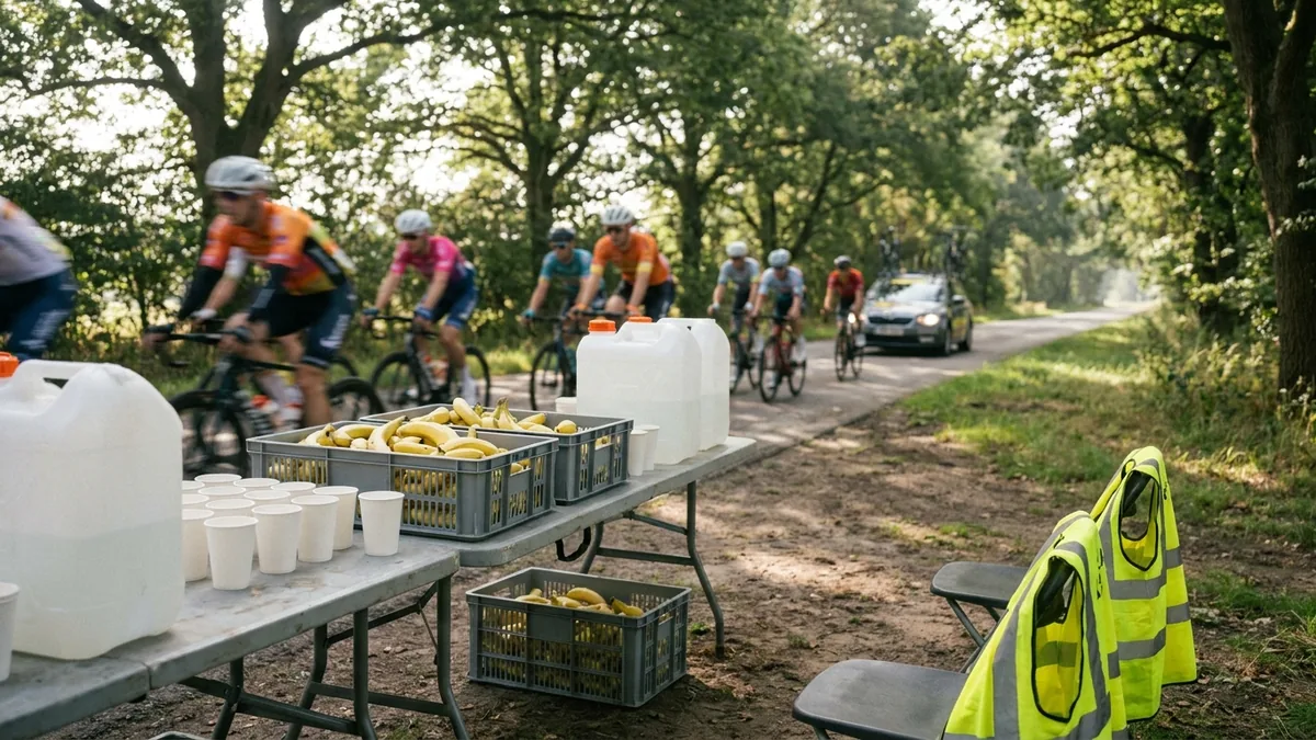 Verpflegungsstation mit Bananenkisten, Pappbechern und Wasserkanistern an einer Allee, dahinter vorbeifahrende Rennradfahrer