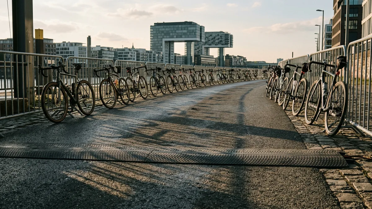 Zeitmessmatte und Zielbereich mit abgestellten Rennrädern am Rheinauhafen
